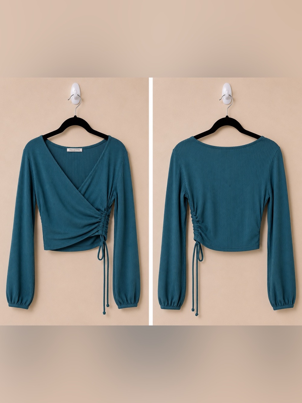 Urban Outfitters Teal Ribbed Wrap Long Sleeve Ruched Crop Top